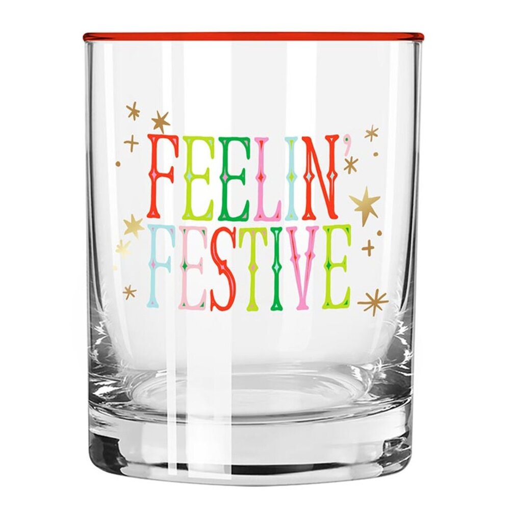 Feelin’ Festive” Double Old Fashioned Glass with Red Rim – 12 oz | Slant Collect